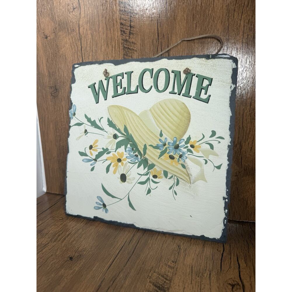 Hand Painted Slate Wall Hanging Welcome Sign Slate Strawhat And Flowers